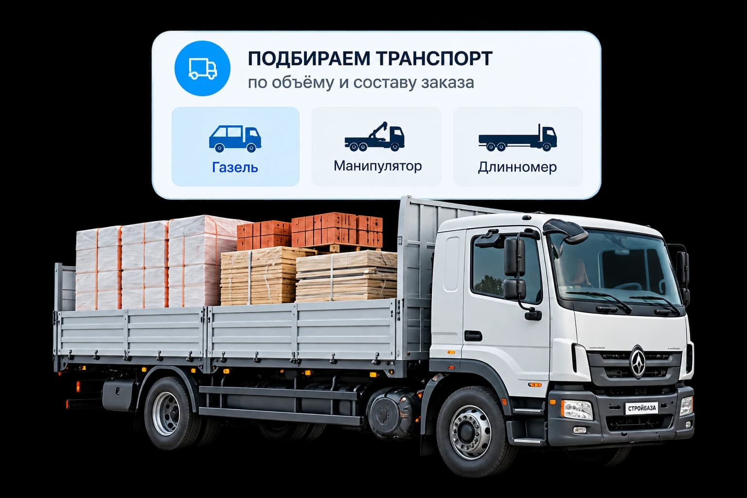 Подбираем транспорт по объёму и составу заказа: Газель, манипулятор, длинномер — загруженный грузовик