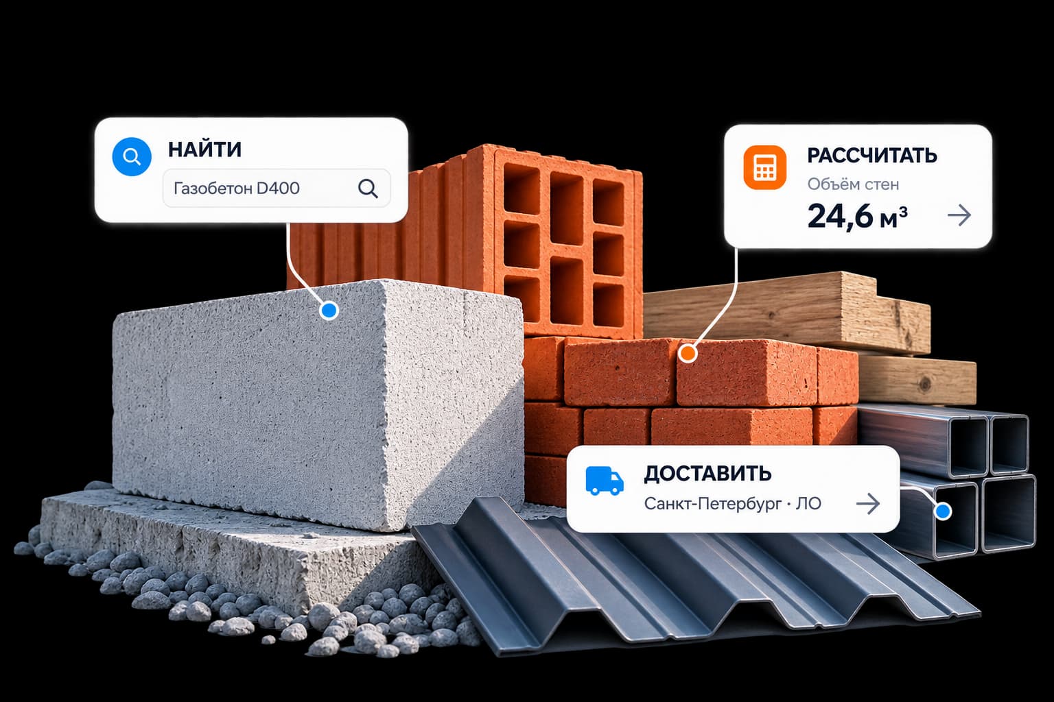 Газобетон, кирпич, дерево и металлопрокат; интерфейс поиска, расчёта и доставки